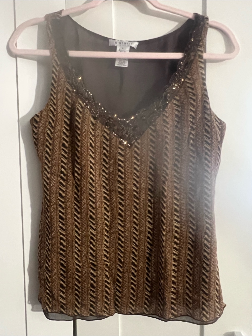 Nine West Silk Brown & Black Sequined V-Neck Sleeveless Top